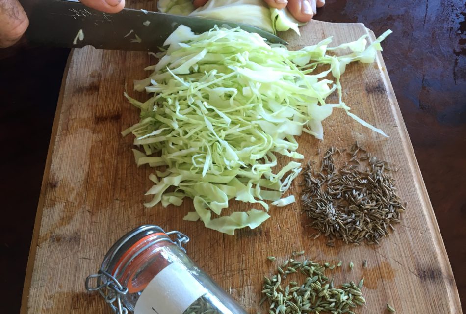 picture of finely chopped cabbage to make kraut for gut health